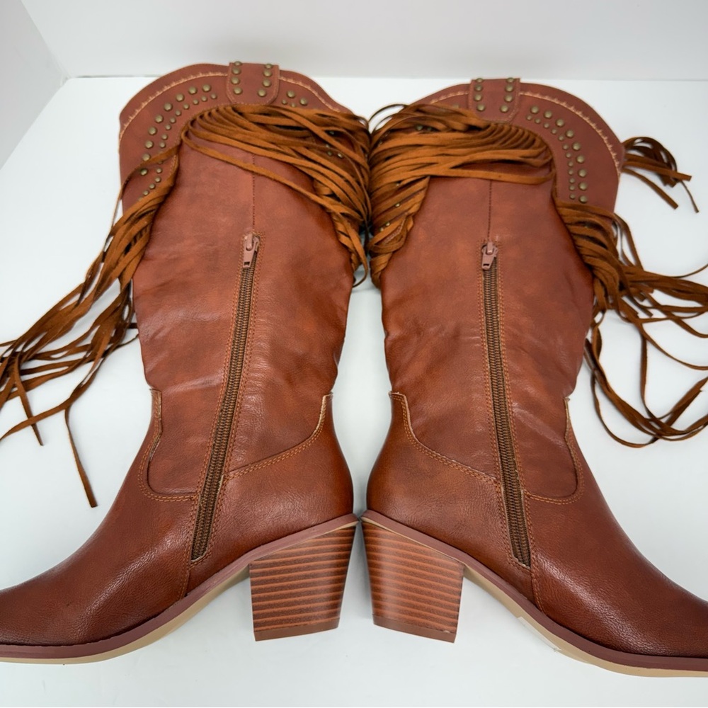Styleloop size 7 Women’s Tan Faux Leather Studded Fringe Western Cowboy Boots - Picture 13 of 15